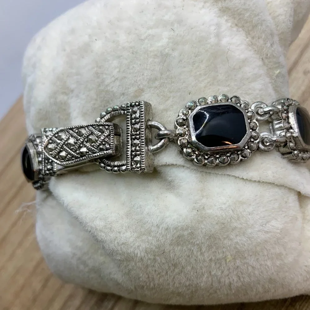 Black Faux Onyx Glass Antique Style Silver Tone Border Bracelet